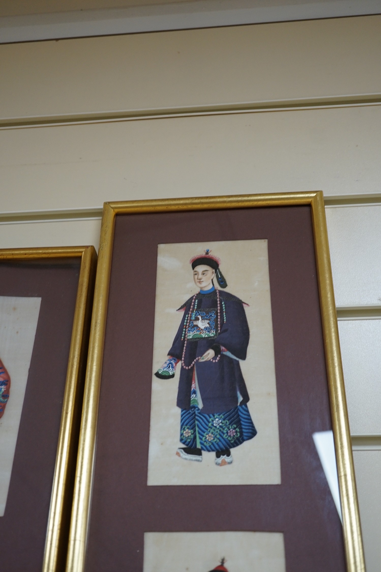 19th century Chinese School, four gouache on pith paper, Studies of noble men, largest 20 x 8.5cm, framed as two